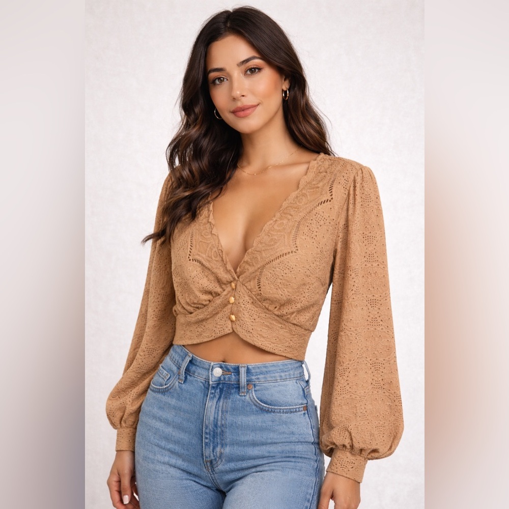Brown Eyelet Crop Top Boho Twist Front Size L Urban Romantics